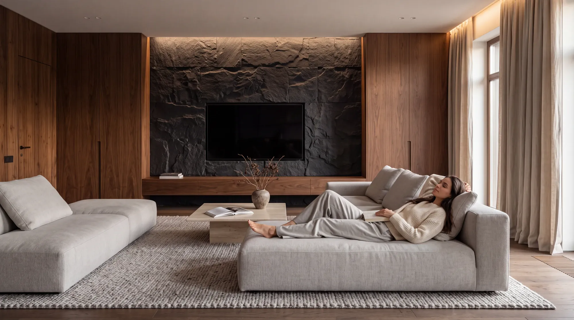 A living room lined in walnut, with flush concealed doors and a lit stone media wall
