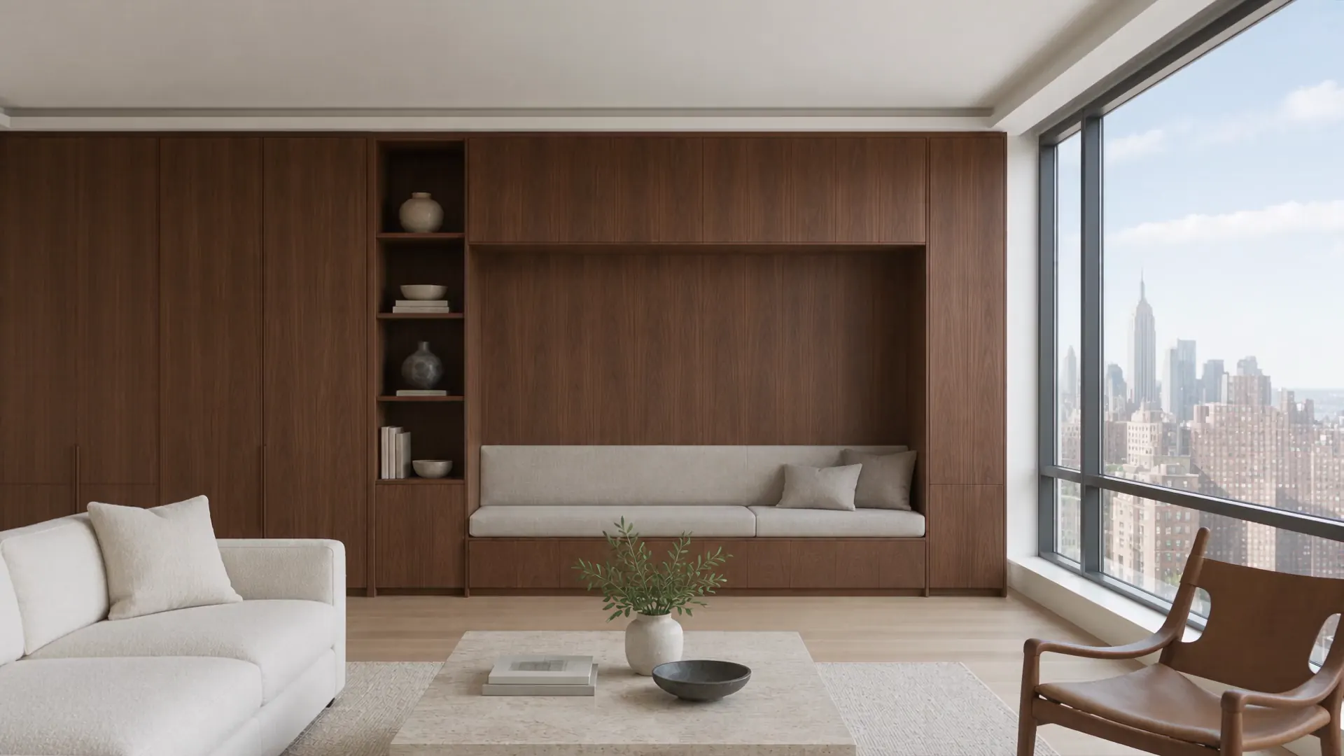 A walnut living room above the Manhattan skyline as its built-in light shifts from day to night