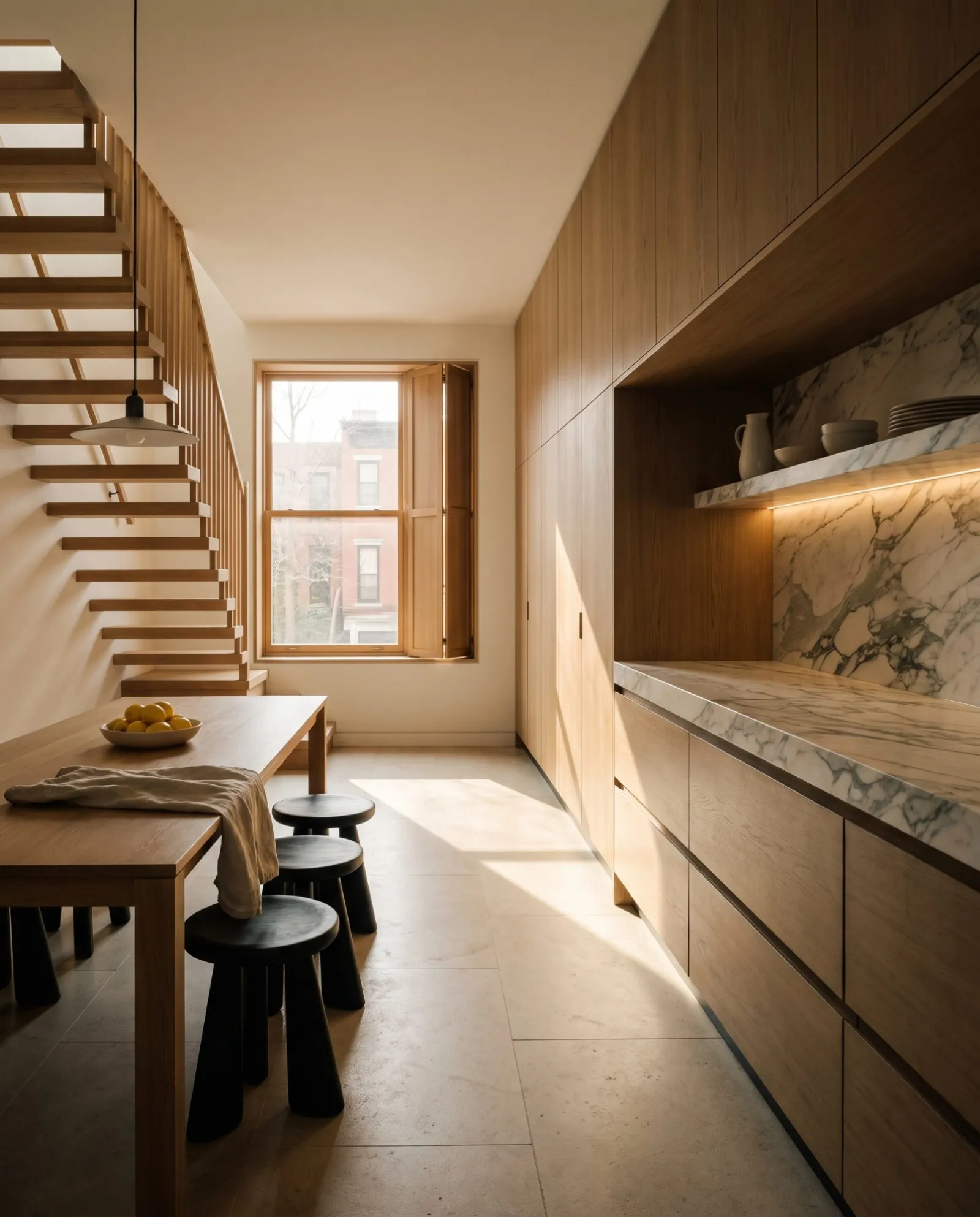A townhouse kitchen with a full-height oak wall and marble counter