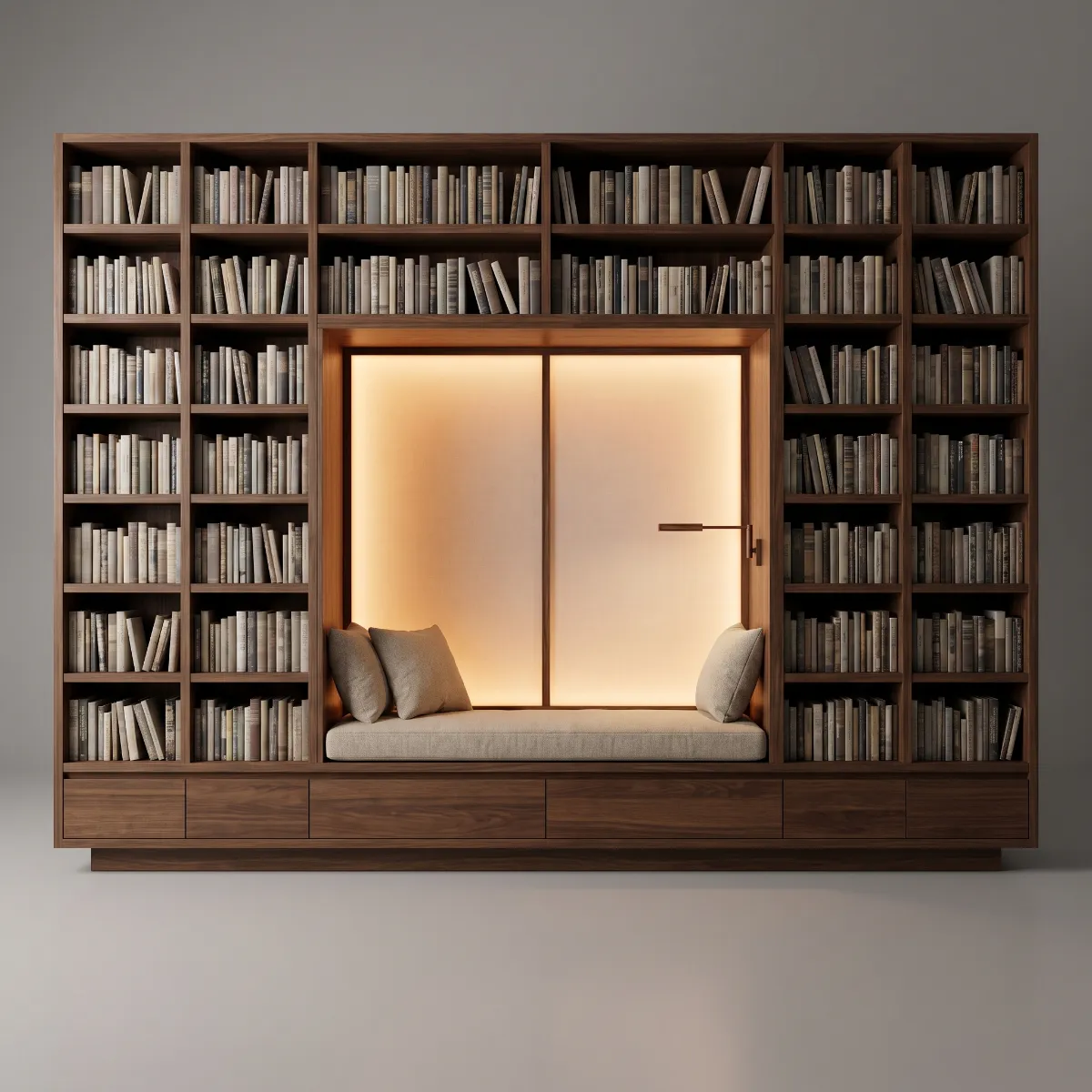 A walnut library wall around a lit window seat with linen cushions