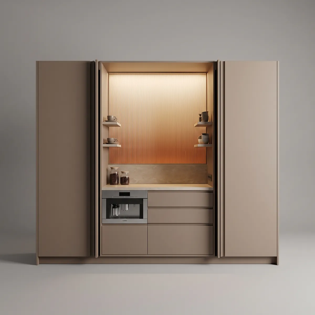 A taupe coffee station open behind pocket doors, with backlit reeded glass and a built-in coffee machine