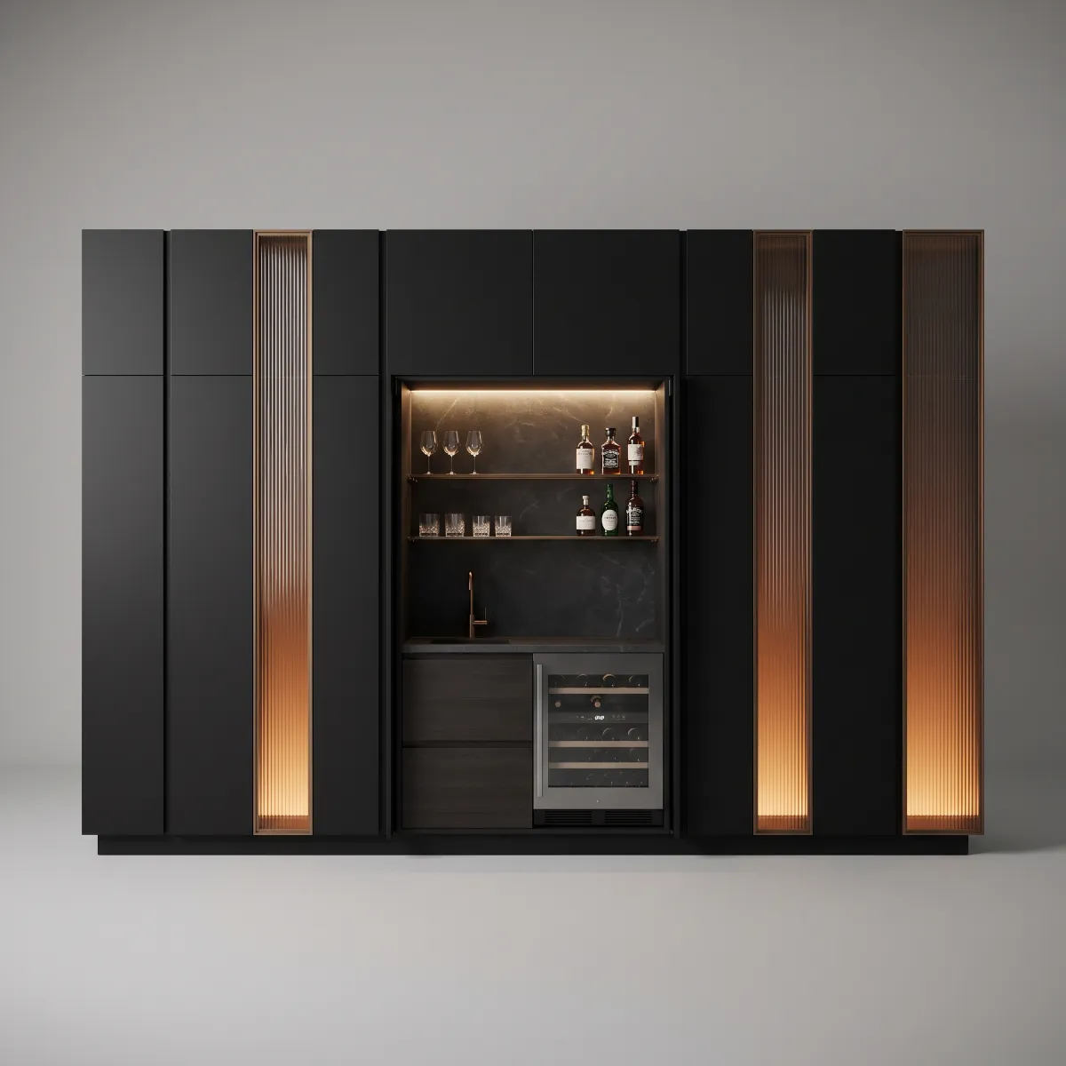 A black lacquer wall with three lit reeded glass columns and an open bar with a wine fridge