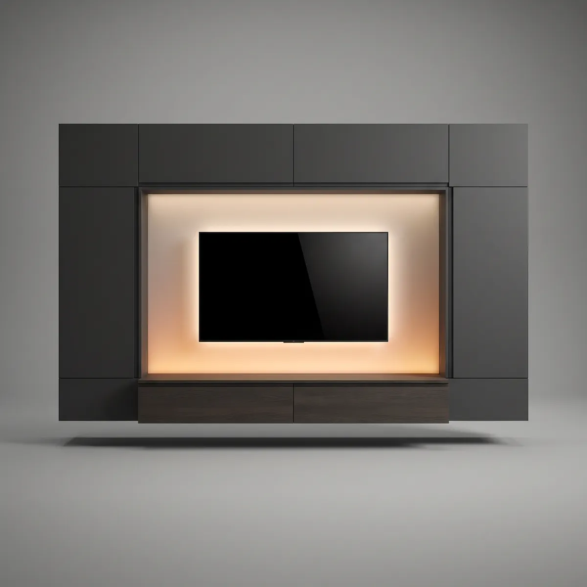 A floating charcoal media wall with a halo of light around the screen and oak drawers below