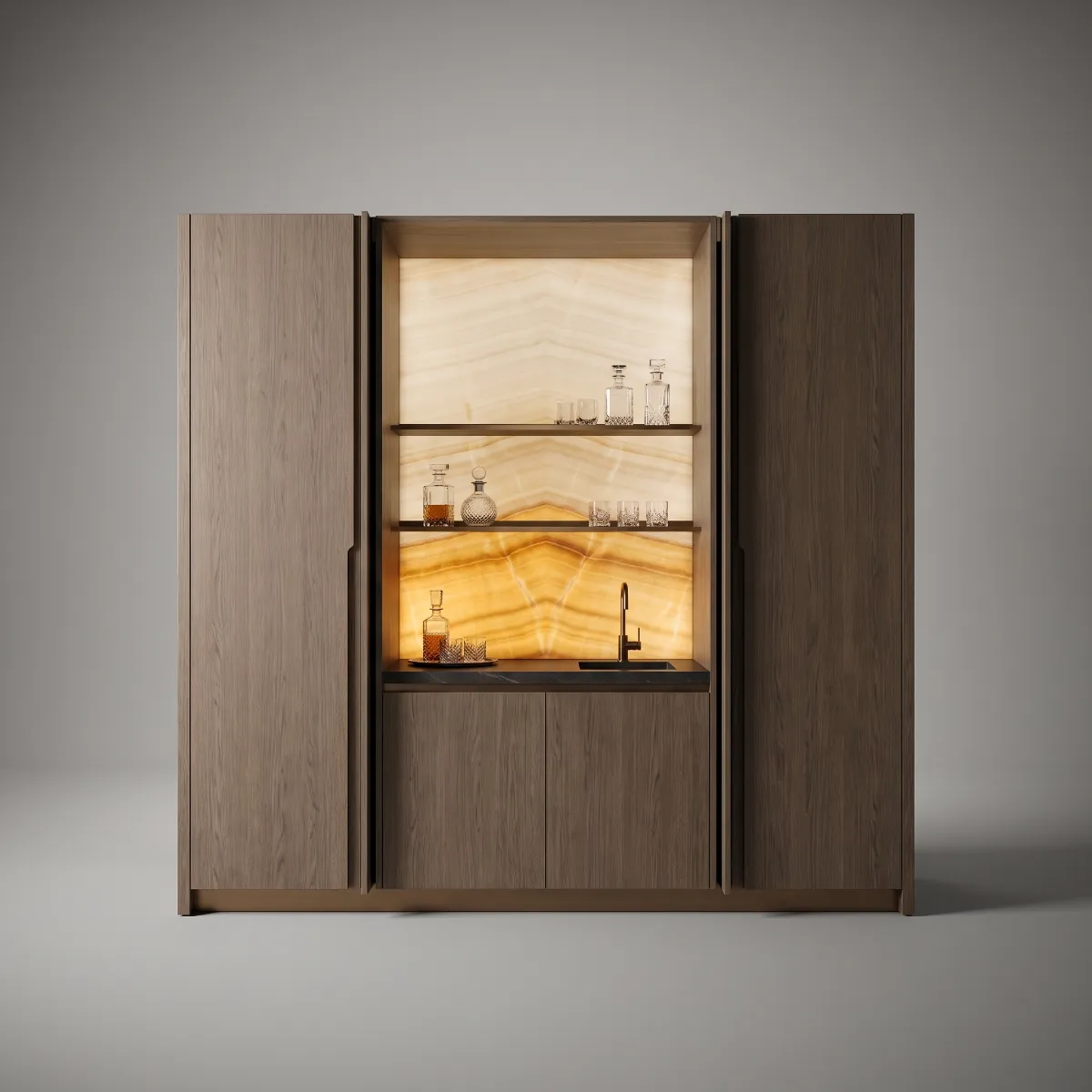 A smoked oak bar cabinet open to backlit honey onyx, with crystal decanters and a black marble counter
