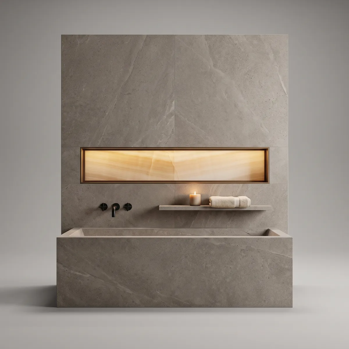 A grey stone bath and wall with a backlit onyx niche, a stone shelf and black taps