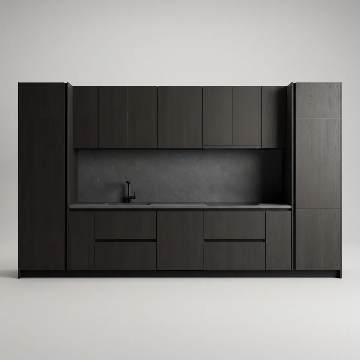 A handleless smoked oak kitchen wall with tall pantry towers and a dark stone counter and backsplash