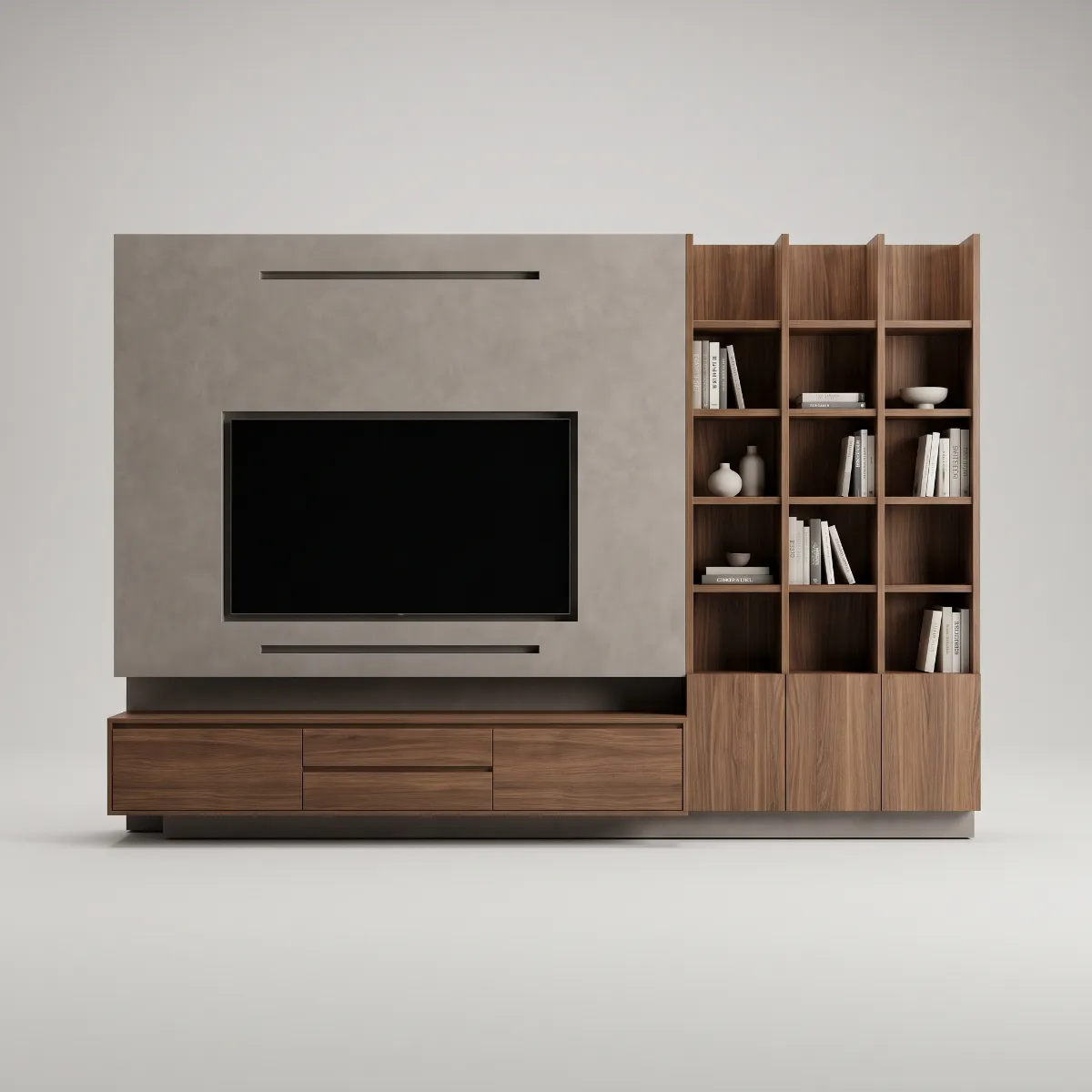 A grey plaster screen wall over a walnut media console, with a walnut bookcase to the right