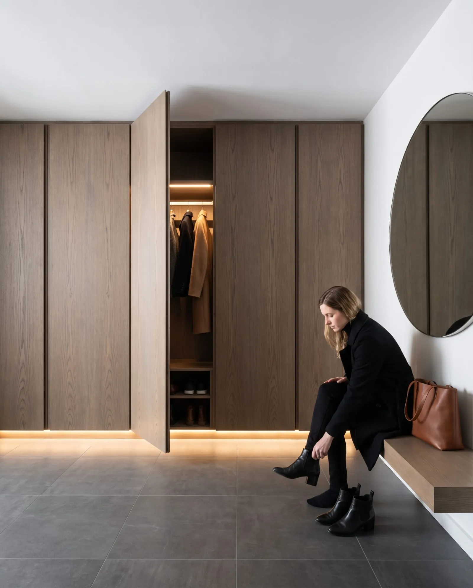 An entry wall of oak panels, one open to coats, with a floating bench