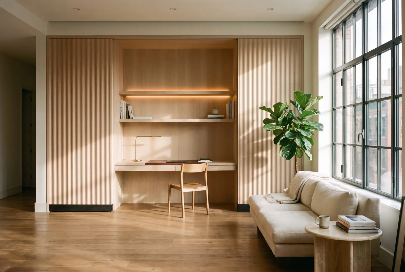 A desk between fluted oak panels with a lit shelf above