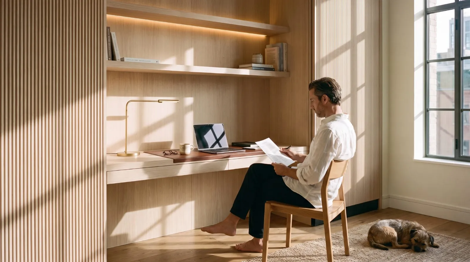 A man reading at a built-in oak desk between fluted panels, a dog asleep on the rug
