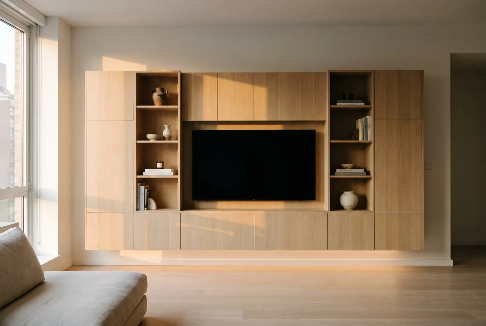 An oak media system floating clear of the floor, with open towers and a framed screen
