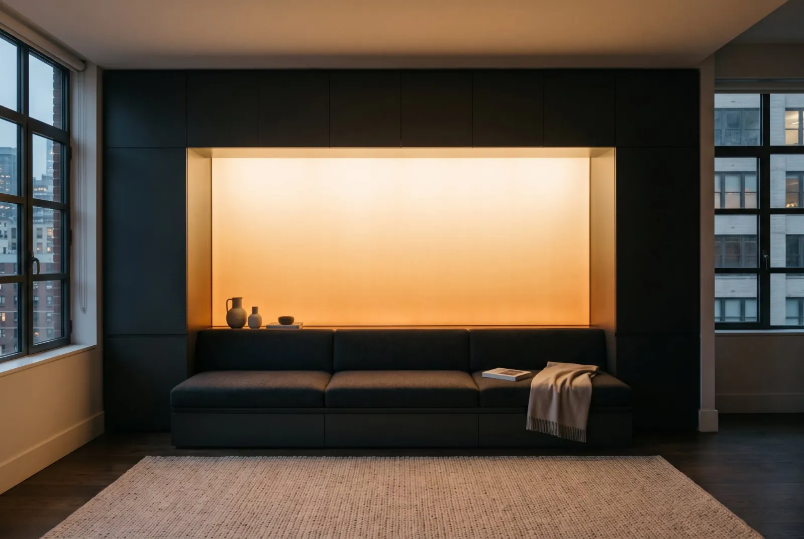 A built-in sofa set into graphite lacquer cabinetry, backed by a glowing amber panel