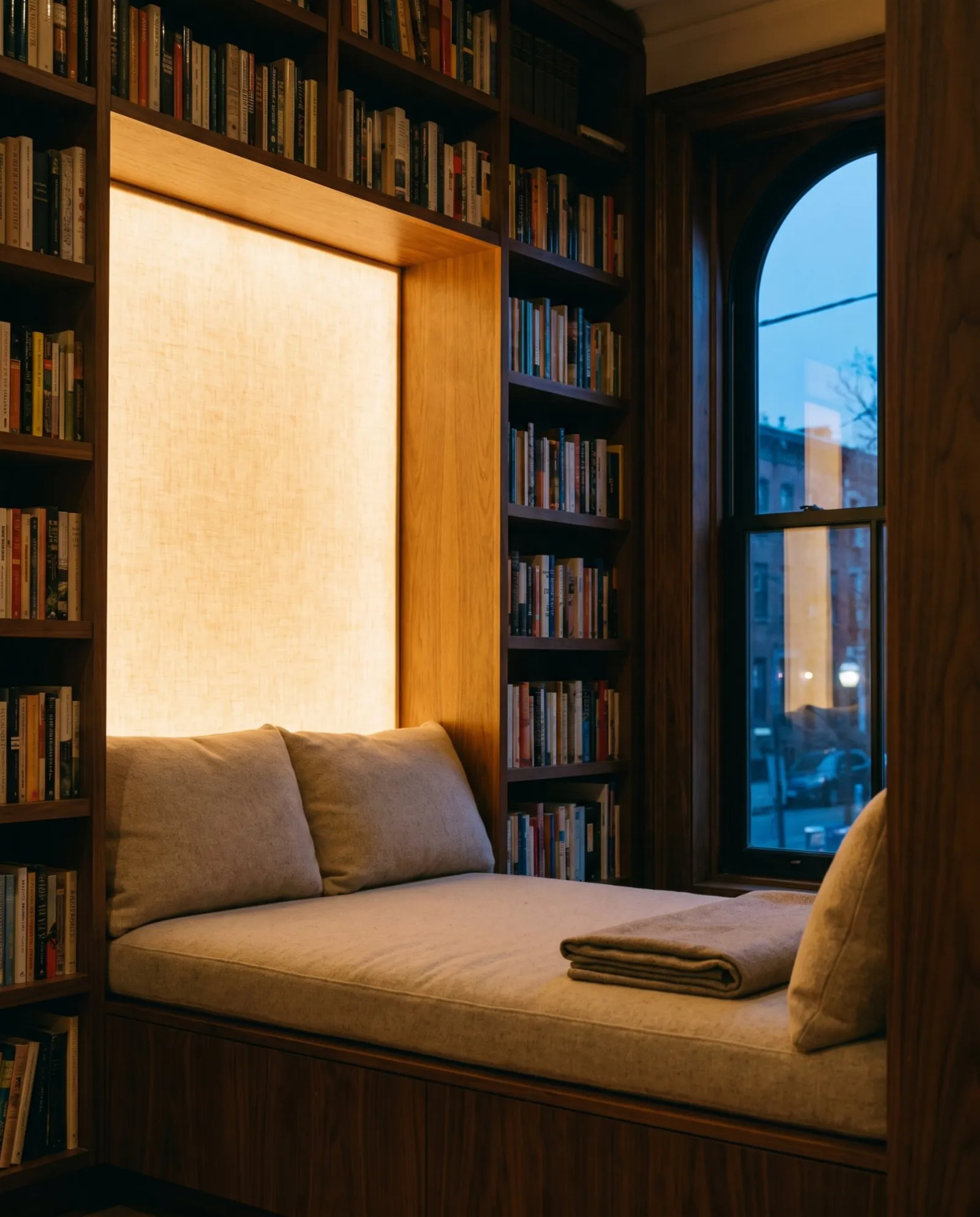 A cushioned window seat in a walnut library, its back panel glowing