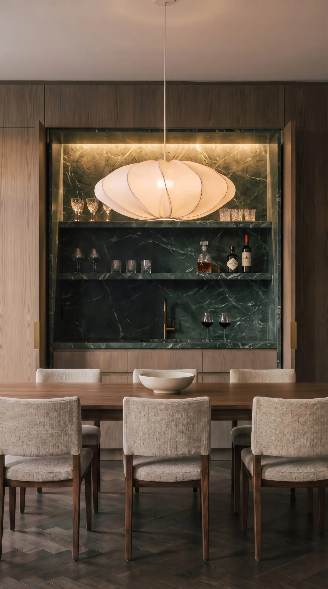 A lit green marble bar opened in an oak wall behind a dining table