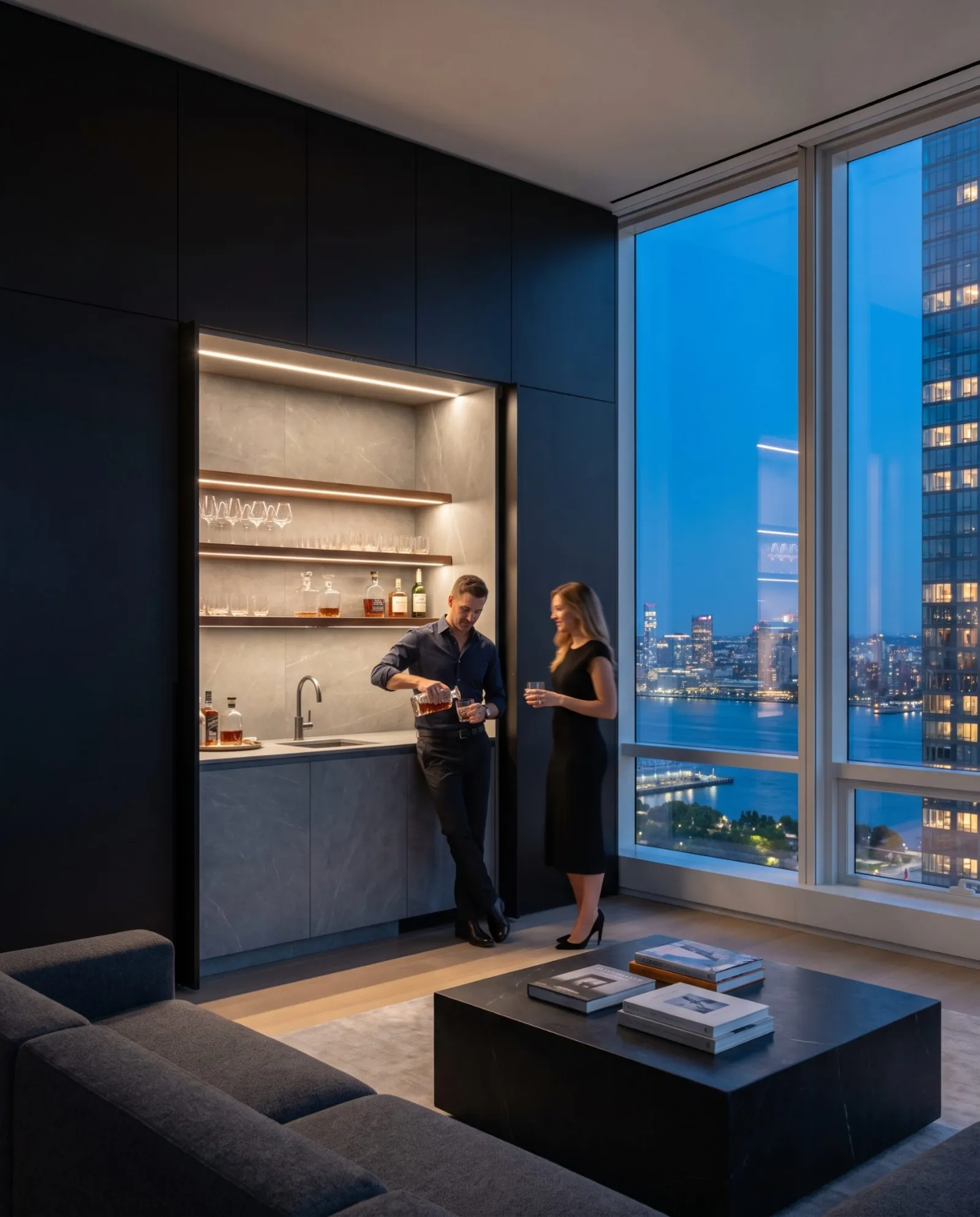 Two people at a lit bar set into a dark lacquer wall at dusk