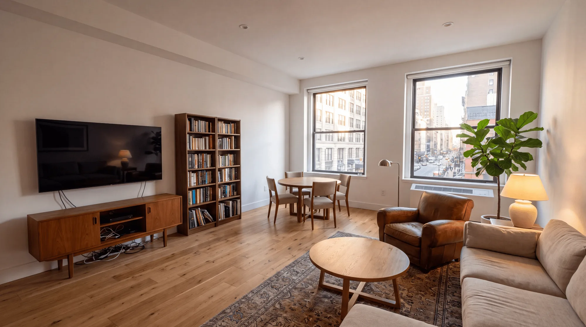 Before: white walls, a television on a bracket, a bookcase, a console with loose cables and two lamps