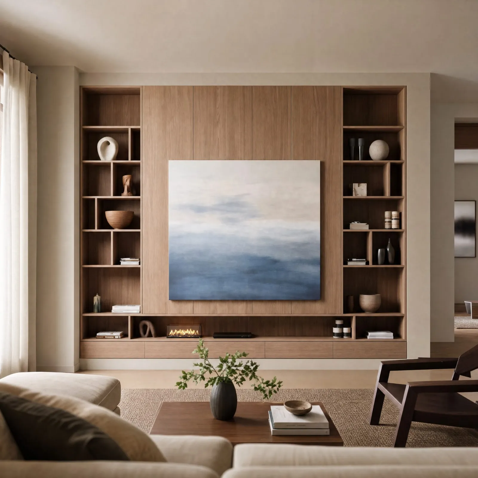 An oak media wall with open towers either side of a framed painting
