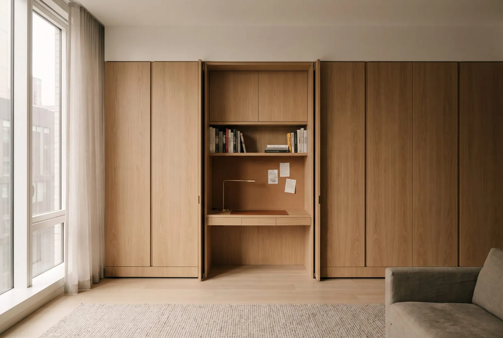 Oak doors folded back into the wall to reveal a desk and shelves