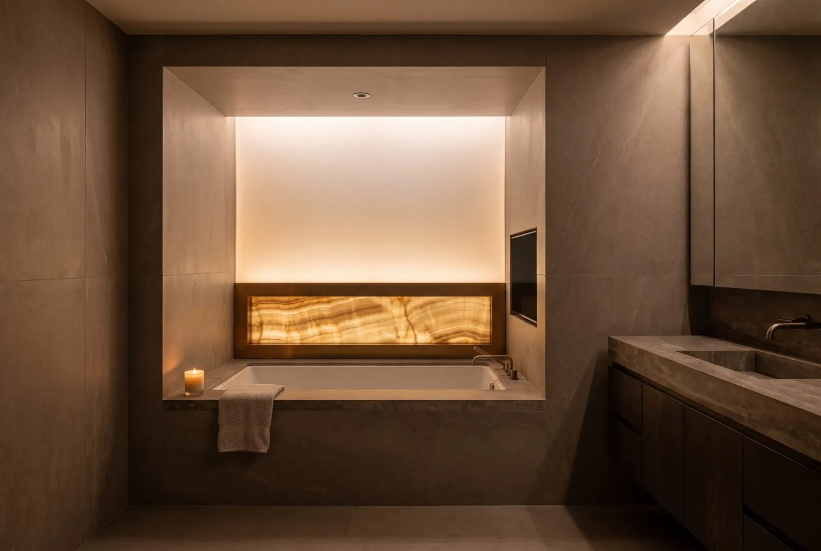 A bathtub in a porcelain niche with a band of backlit honey onyx