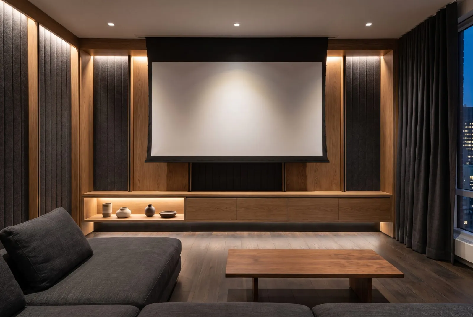 A screening room with oak and dark fabric panels around a projection screen