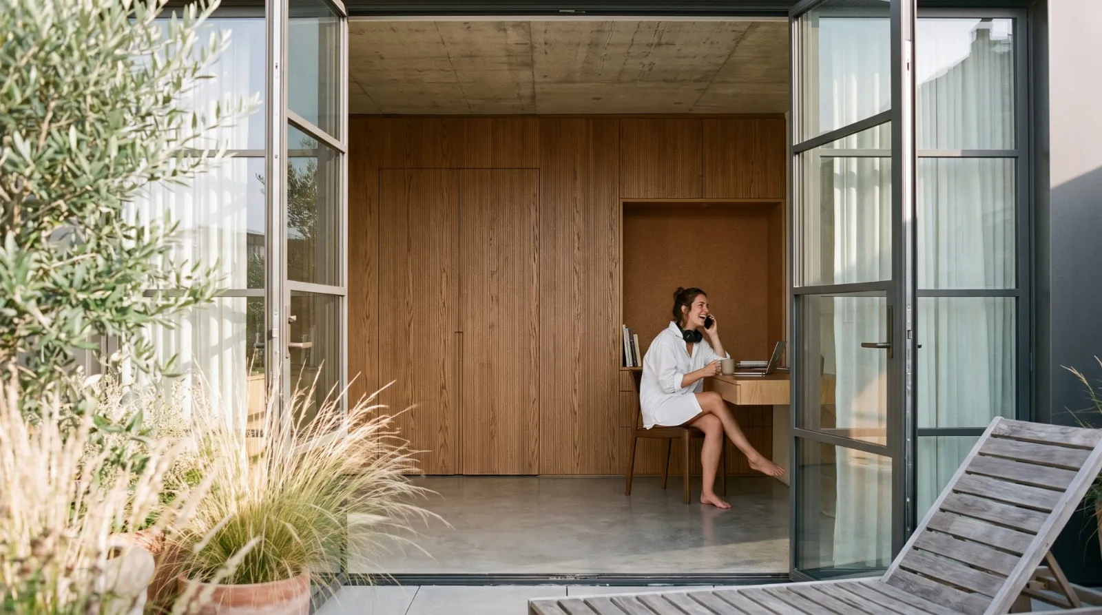 A woman on the phone at a desk built into a fluted oak wall, terrace doors open