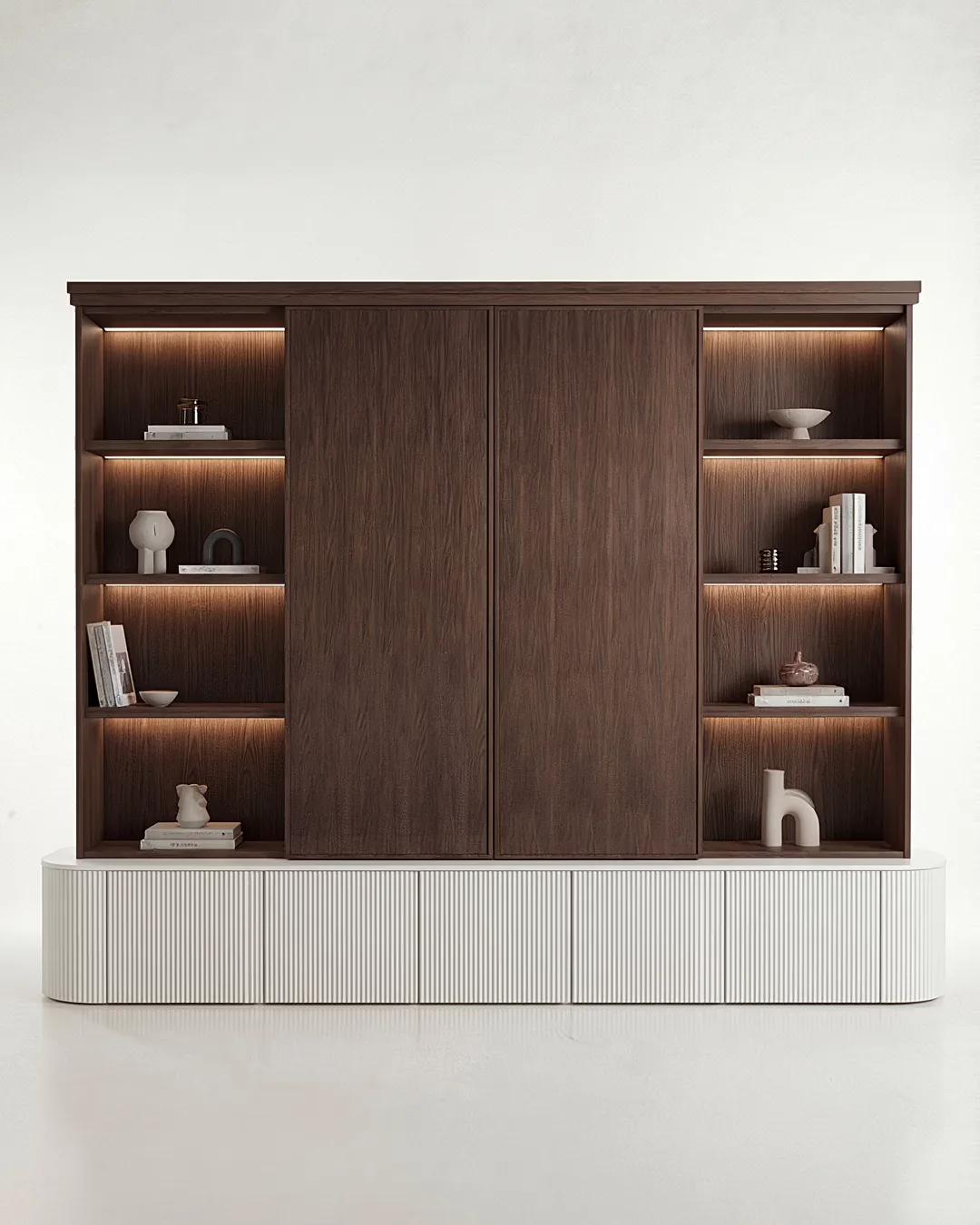 A walnut wall unit whose doors slide aside to reveal a screen set in marble