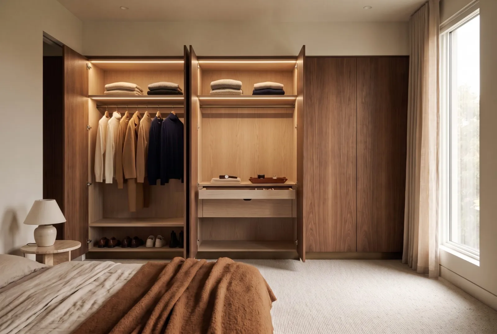 A walnut wardrobe wall open to a lit oak interior