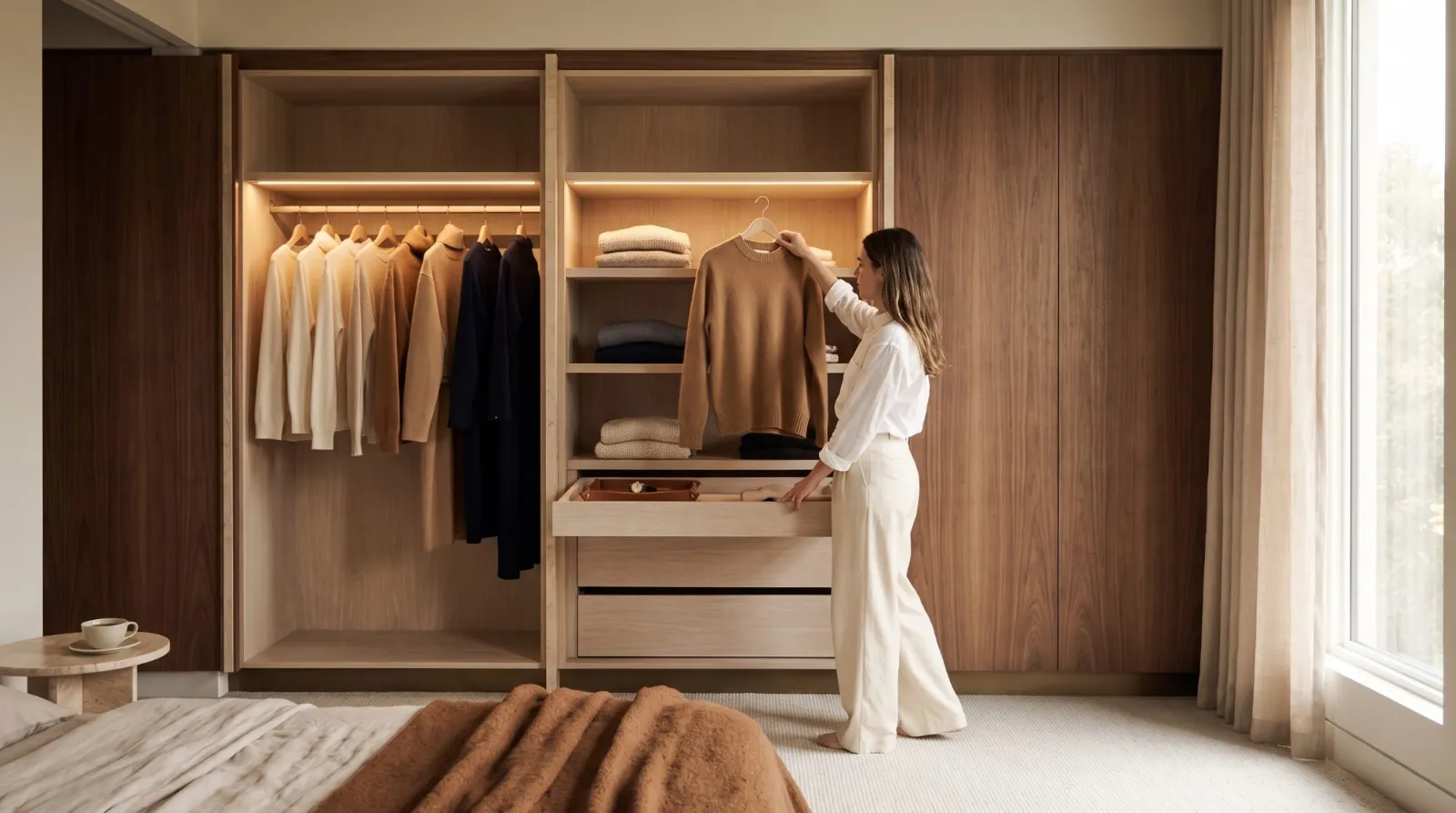 A woman choosing a sweater from a lit walnut and oak wardrobe