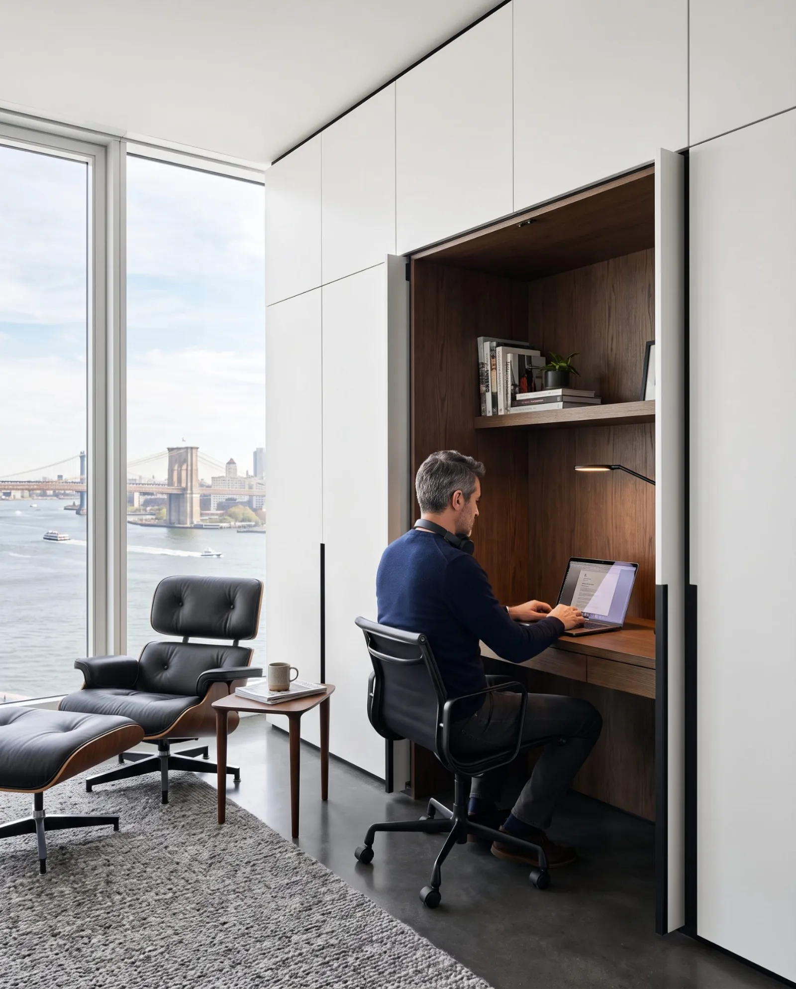 A man working at a walnut desk inside a white lacquer wall